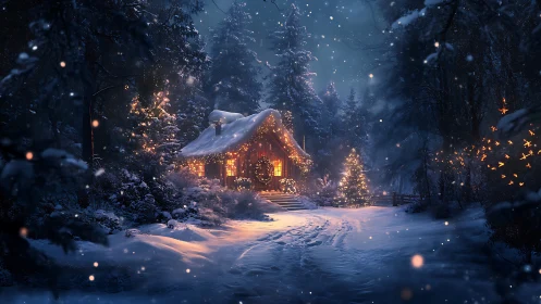 Snow-laden forest cabin with warm holiday lighting at dusk