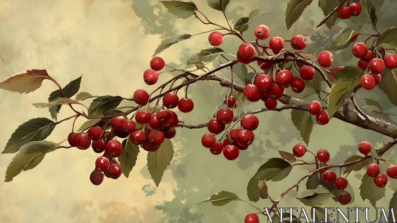 Sunlit red berries hang gently among soft green leaves