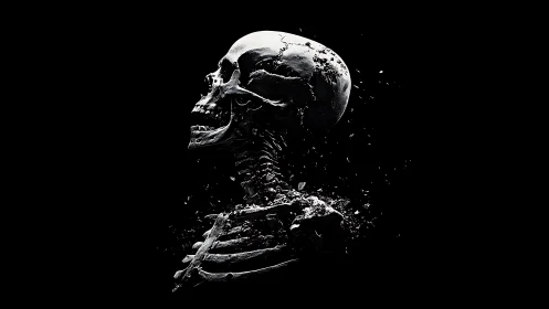 Crumbling skeletal profile dissolves into dark negative space