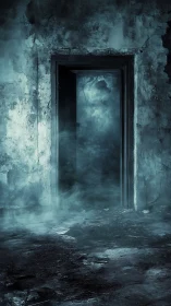 Doorway frames dense fog in decayed, burned interior