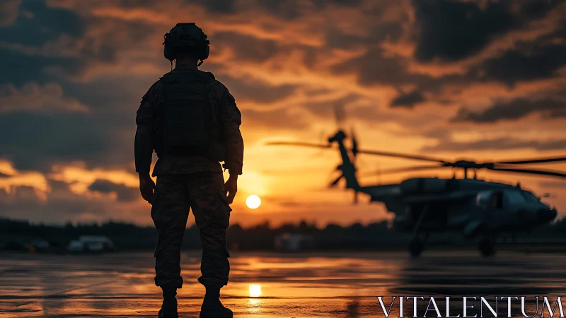 Silhouetted soldier observes helicopter on wet tarmac at sunset