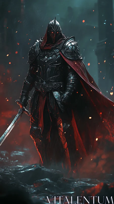 Dark armored warrior with red cape in burning ruins.