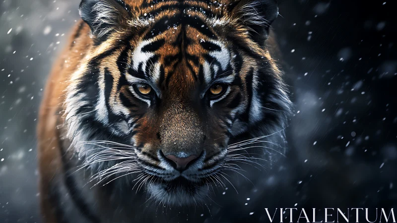 Tiger head-on in falling snow with sharp focused eyes