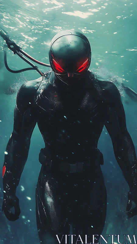 Armored aquatic operative advances through turbid water column