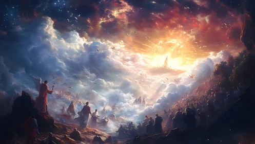 Heavenly clouds open as pilgrims gather in glowing wonder