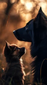 Sunlit dog and puppy share a tender golden-hour gaze.