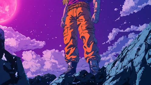 Anime warrior on rocky cliff under vivid purple sky.