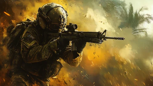 Armored soldier advances with rifle in dense, smoky combat