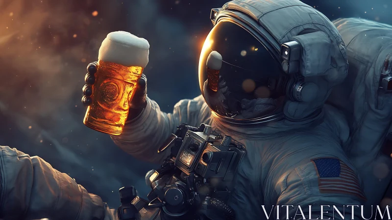 Astronaut raises illuminated beer stein in cinematic space lighting