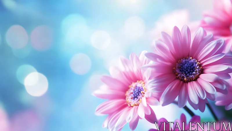 Pink gerbera daisies with blue bokeh background display fine detail.