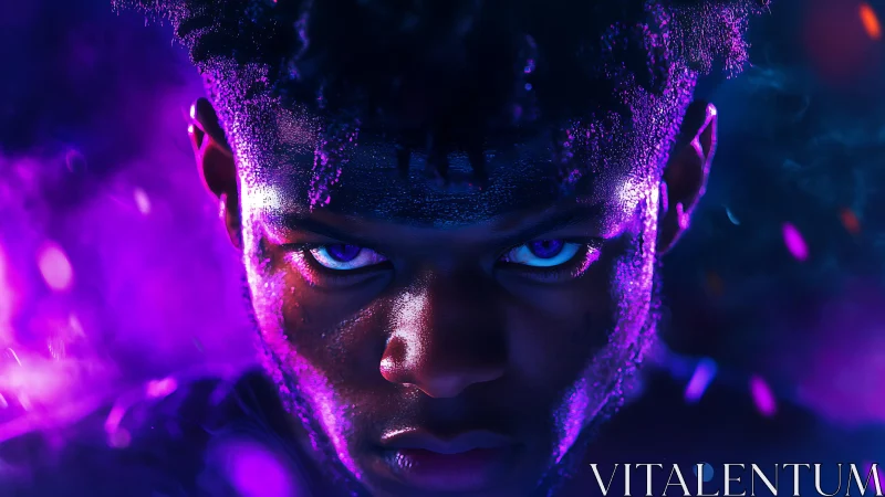 Intense portrait with neon purple lighting and glowing eyes.