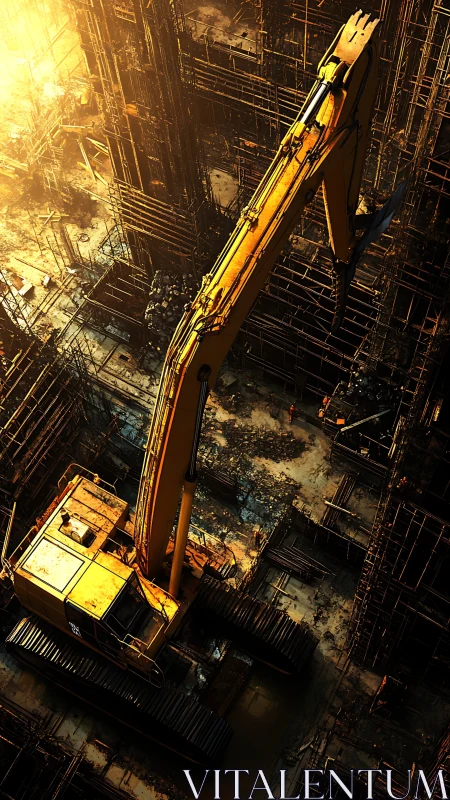 Excavator boom amid lattice scaffolding in molten sunset glow.