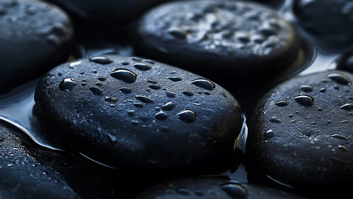 Macro optical study of wet basalt pebbles in shallow water.