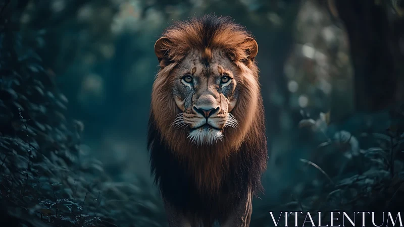 Majestic lion strides through moody teal forest light.