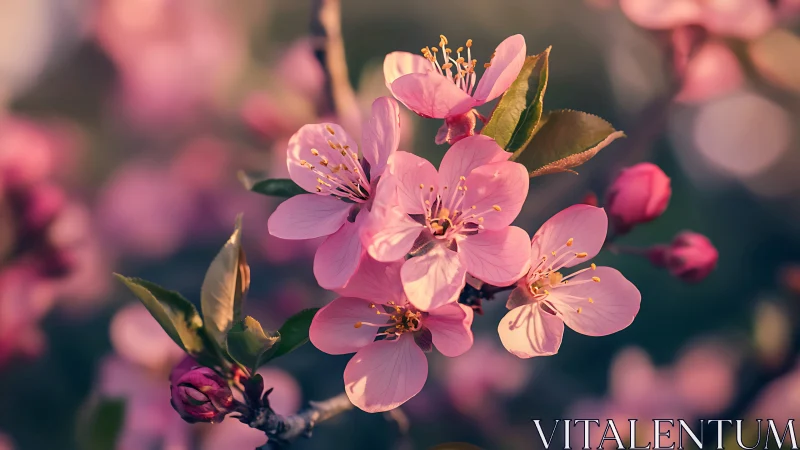 Pink fruit tree blossoms with stamens and unopened buds.
