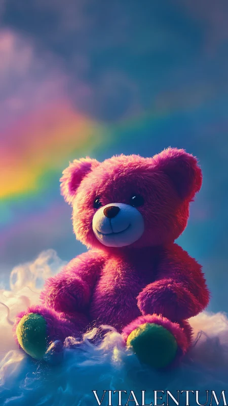 Rainbow guardian teddy bear lounging in cotton-candy clouds.