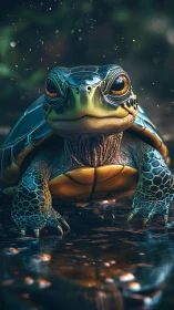 Gentle forest turtle pauses by the water with calm curiosity