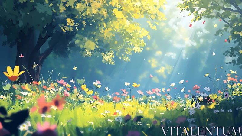 Sunlit forest meadow uses soft-focus depth and volumetric light