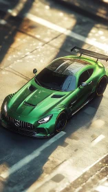 Metallic green GT race car under cinematic golden light.