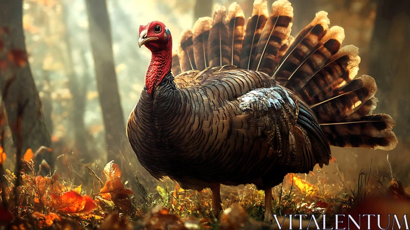 Wild turkey stands in glowing autumn forest light.