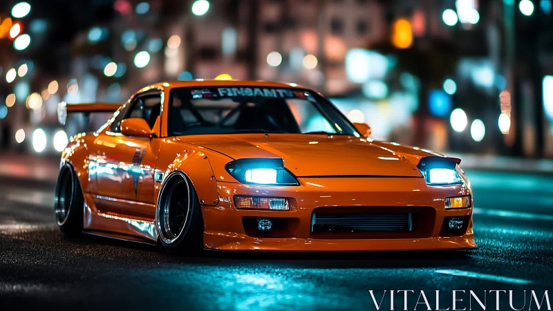 Widebody orange tuner coupe on neon-lit urban street at night