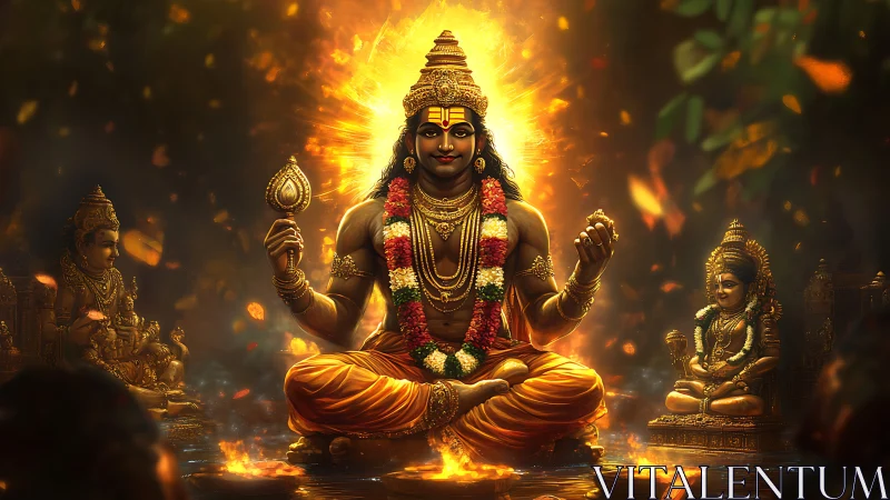 Central seated deity figure is rendered in luminous digital style