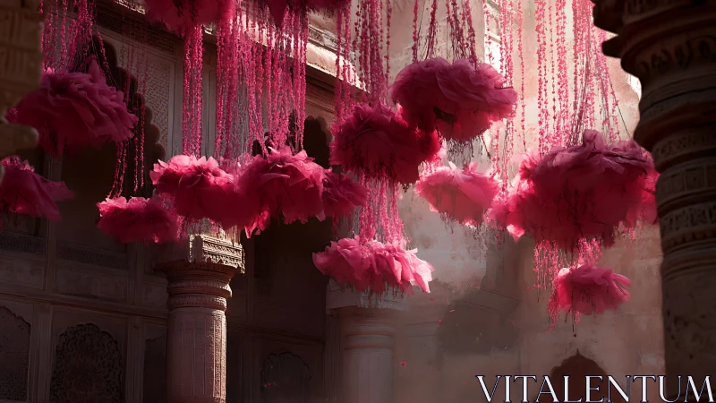 Floating Pink Monsoon Blossoms Above A Sunlit Courtyard.