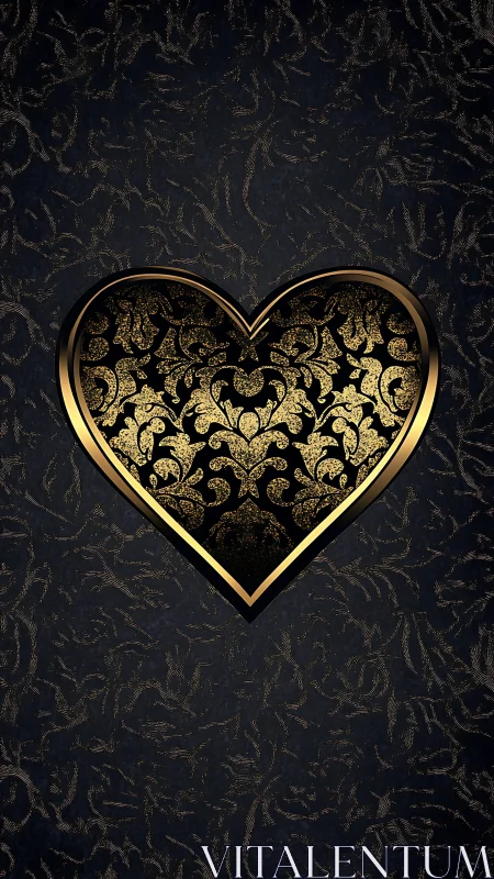 Ornamental Gold Heart on Damask Pattern. Luxe Embellished Design.