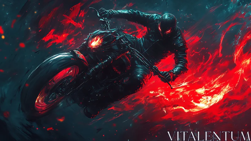Cyberpunk inferno rider on flaming motorcycle, dynamic composition.