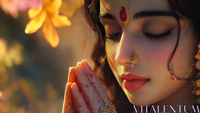Prayerful woman in traditional jewelry and henna art.