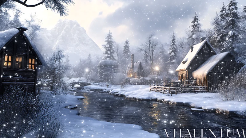 Snowy river village glows beneath towering winter peaks.