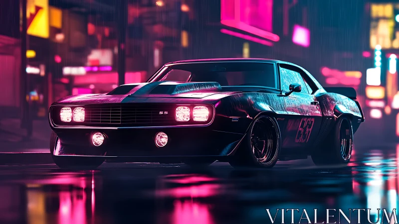 Neon night cruise with a retro muscle car in the rain.