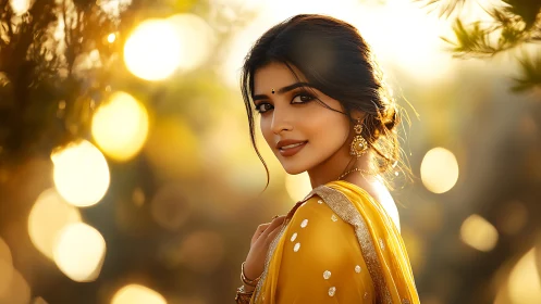 Sunlit portrait of woman in yellow saree with golden bokeh glow