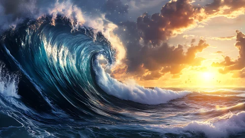 Large ocean wave with sunset and clouds on horizon.