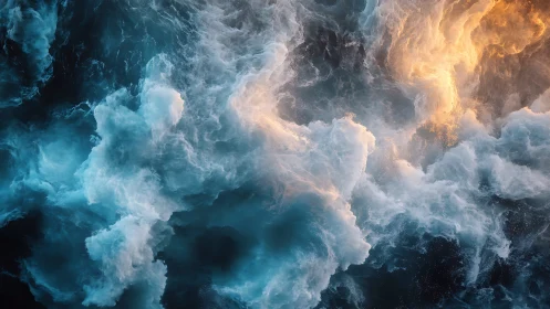 Fiery light strikes turbulent teal and white ocean waves.