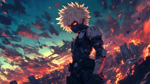 Masked antihero surveys a burning cyberpunk city at dusk.