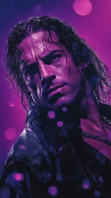 Neon-lit wet portrait of intense man under purple rain.