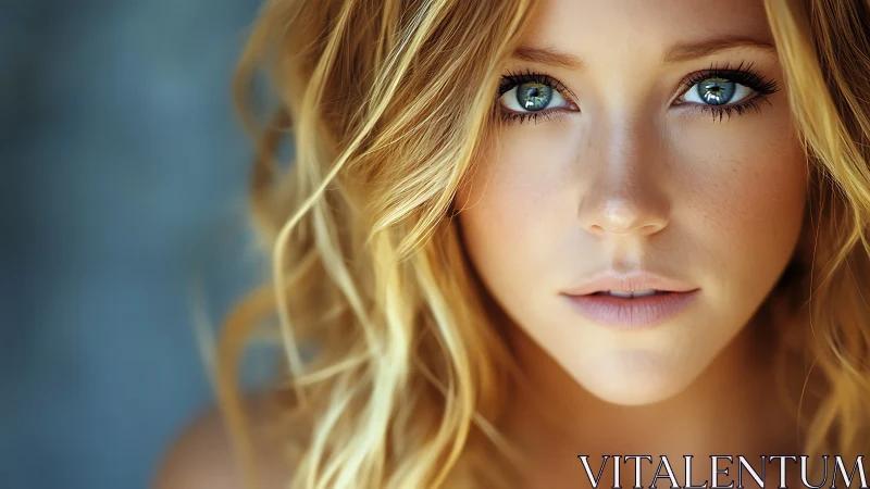 Intense blue eyed portrait with sunlit golden hair focus.