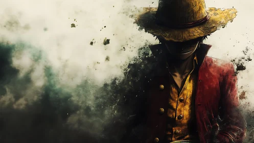 Straw-hatted drifter emerges from swirling smoke and shadow.