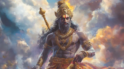Warrior deity strides through stormlit celestial clouds.