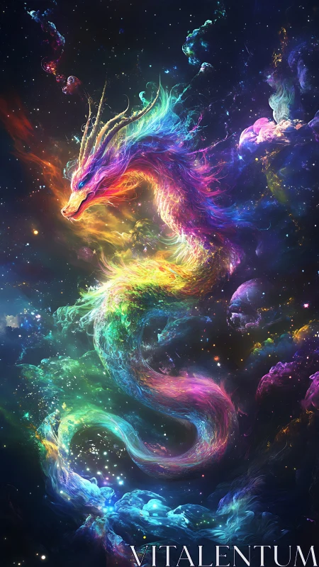 Nebula dragon pirouettes through prismatic cosmic storms