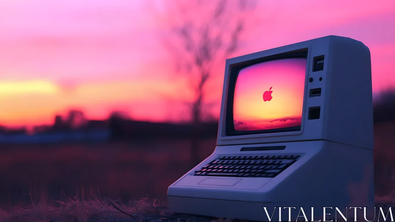 Retro desktop computer glowing at sunset in pastel sky field