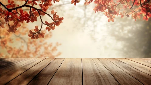 Wooden table surface under red foliage in soft focus light.