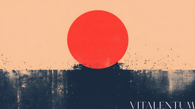 Minimalist red sun over abstract dark horizon field.