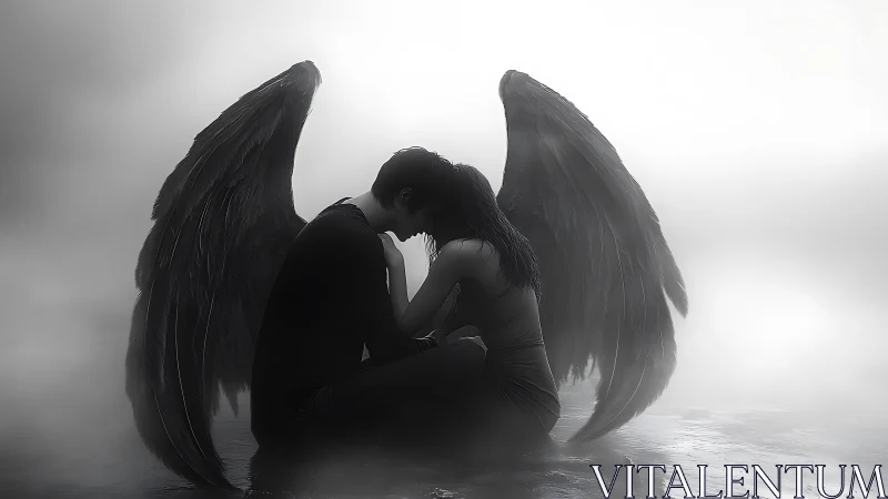 Fallen winged couple in monochrome mist, intimate embrace.