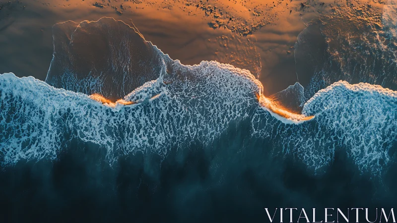 Aerial surf line lit by golden coastal sunset glow.