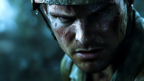 Battle-worn soldier close-up with intense focused stare.