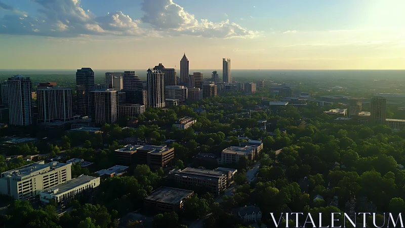 Sunlit skyline overlooks dense green city neighborhood.