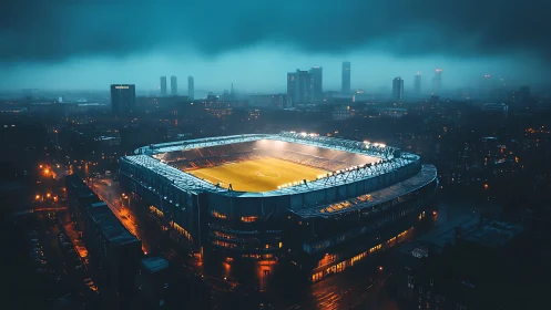 Floodlit football stadium contrasts with moody, fog-laden skyline