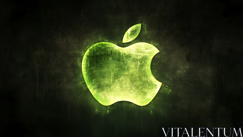 Green glowing apple-shaped emblem appears on dark backdrop
